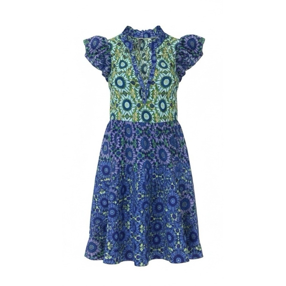 Anthropologie XXS Floral Tiered Mini Dress Flutter Sleeve Boho Blue Green Purple